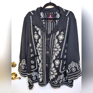 Johnny Was Collection Plus Everly Embroidered Pea Coat Women's 2X Black Cotton